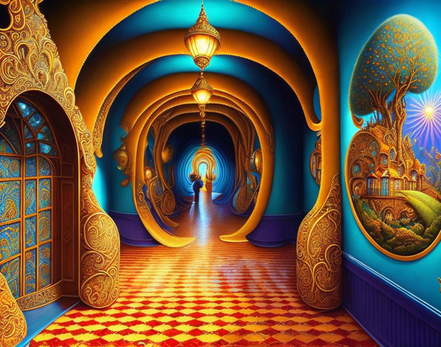 Colorful surreal corridor with arches, patterned floor, lanterns, and luminous figure.