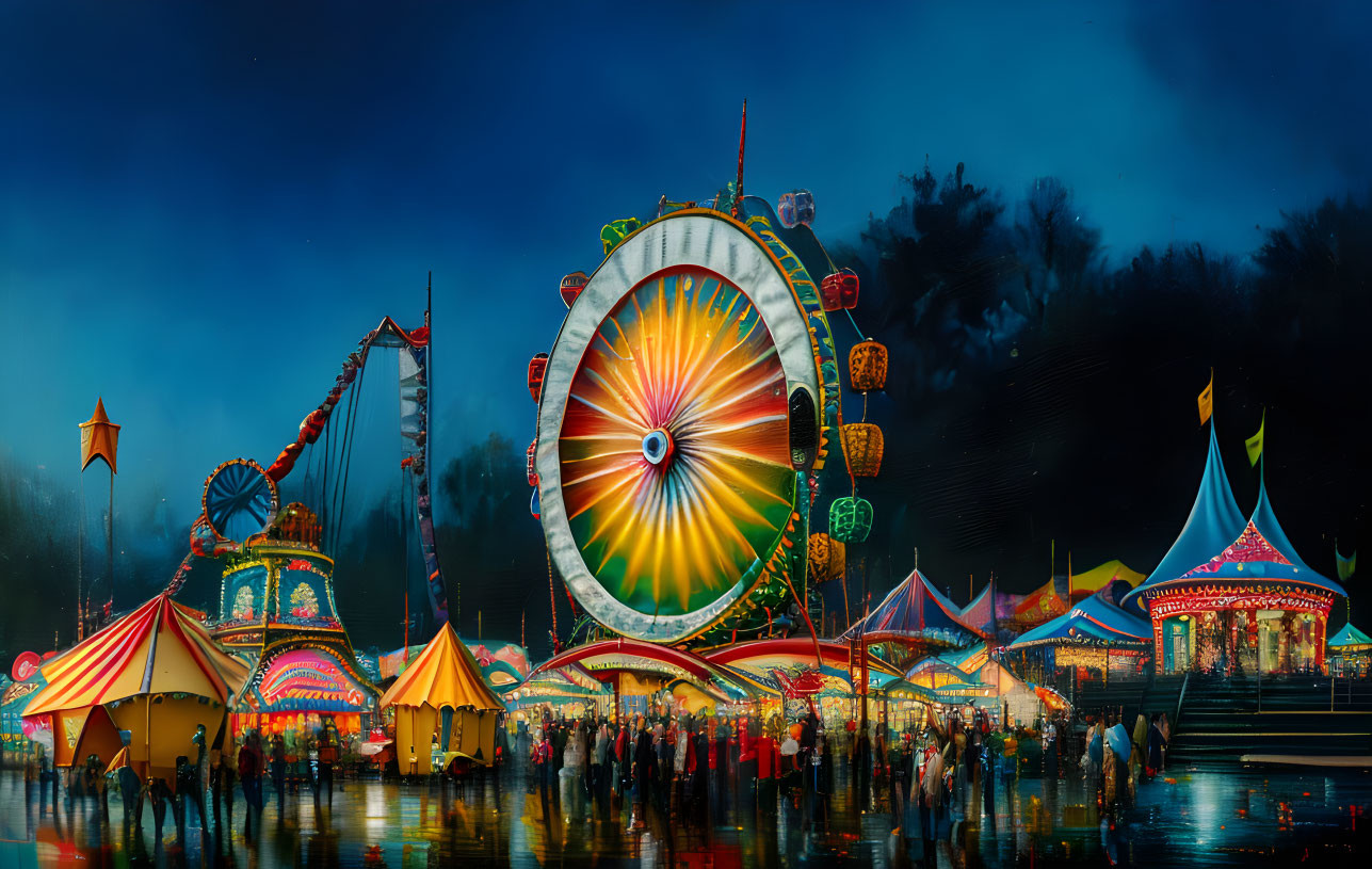 Colorful night fair with lit Ferris wheel and lively crowd.