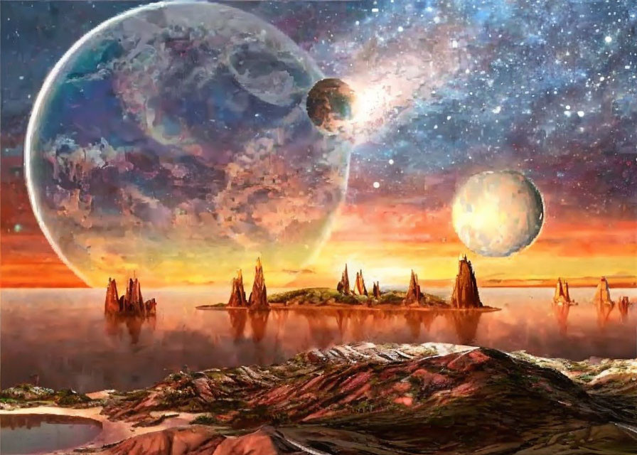 Surreal sci-fi landscape with moon, stars, and colorful sky