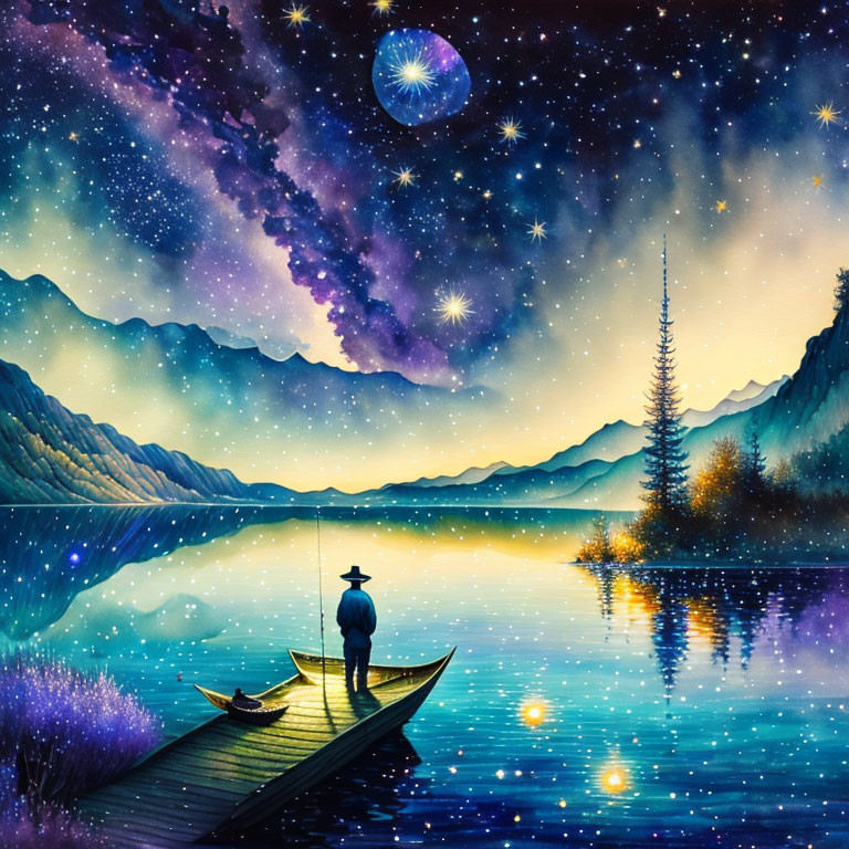 Person on Boat under Starry Night Sky with Mountains and Galaxy Reflection