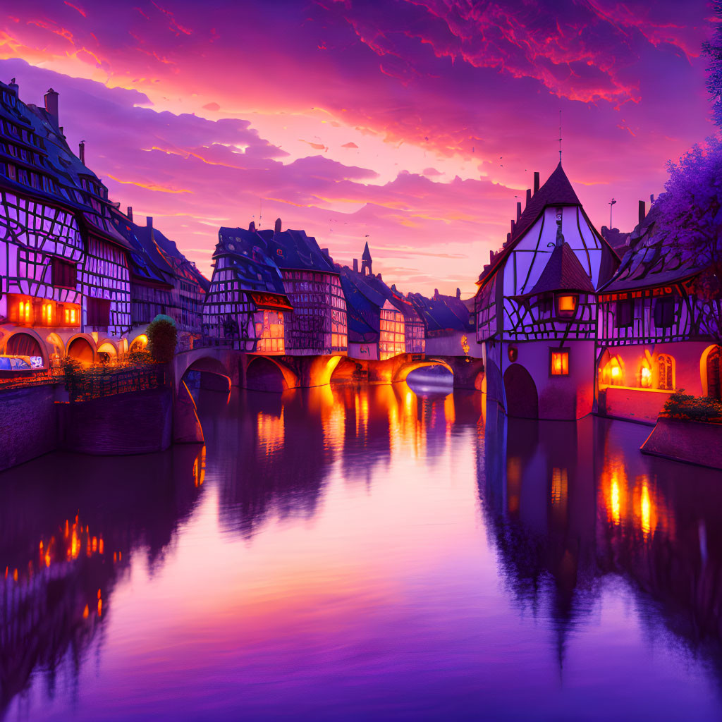 Colorful sunset over canal with traditional architecture in old town