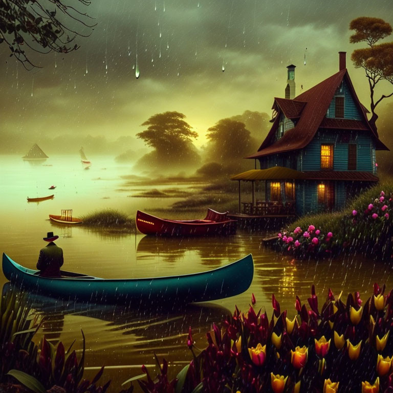 Tranquil sunset landscape with blue house, tulips, canoes, and rain