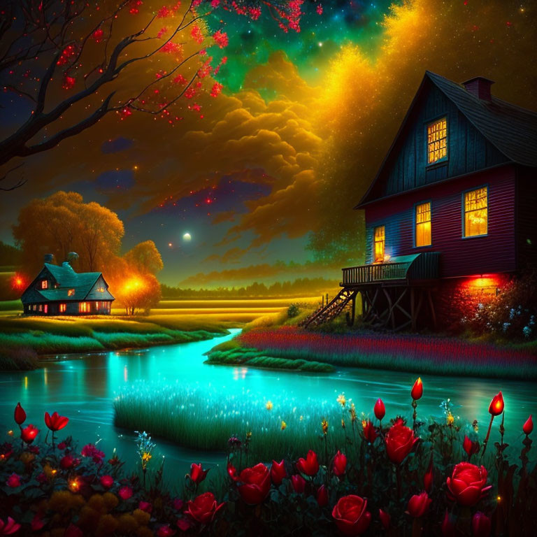 Tranquil nighttime river scene with cozy red house and starry sky