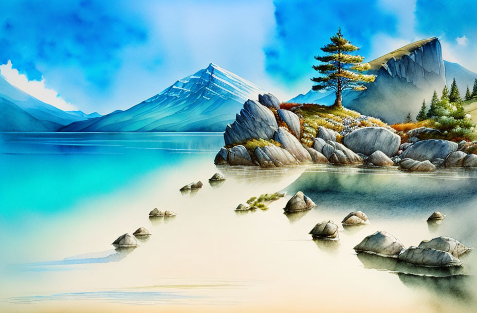 Tranquil watercolor landscape: serene lake, mountains, rocks, trees