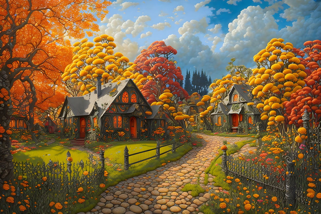 Scenic autumn landscape with cottages, orange trees, and garden.