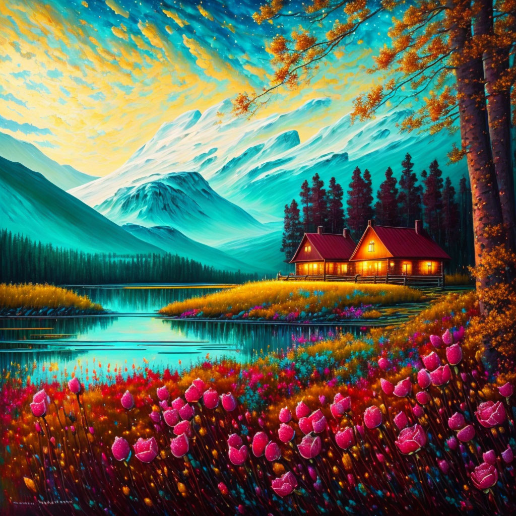 Scenic painting of cozy cabin by lake with blooming flowers, forest, mountains, twilight sky