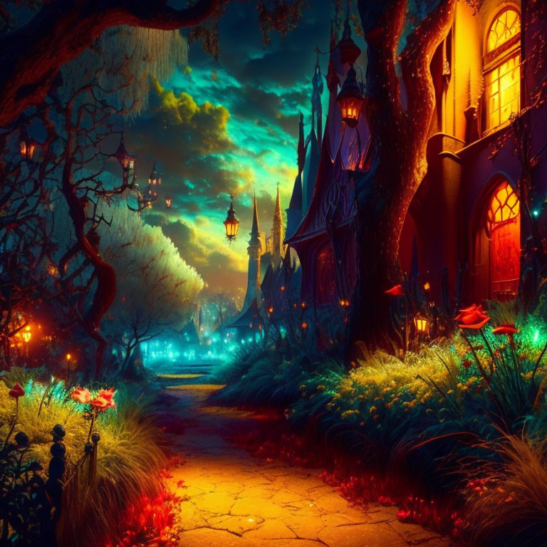 Enchanted night fantasy landscape with glowing plants, castle pathway, and lanterns