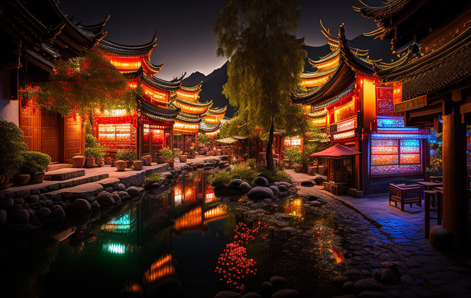 Nighttime Asian Garden with Illuminated Classical Buildings and Tranquil Pond