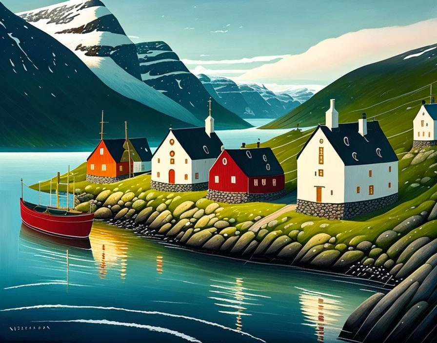 Vibrant houses by serene fjord with red boat, green mountains, and blue skies