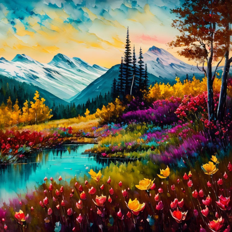 Mountain landscape painting with blue river, wildflowers, and sunset sky