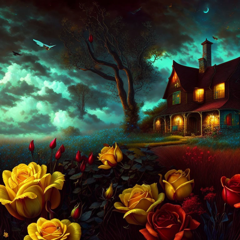 Colorful night landscape with house, tree, flowers, and crescent moon.