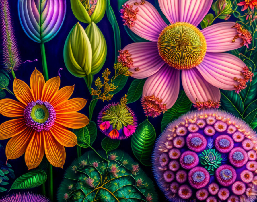 Colorful Stylized Flowers and Plants on Dark Background