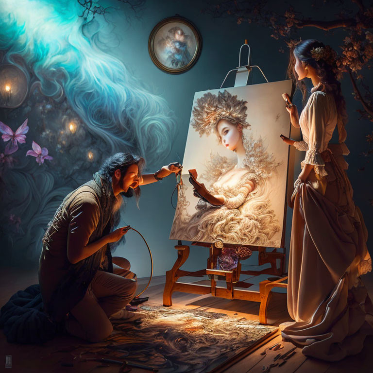 Artist painting woman with elaborate hair in mystical, dimly lit room.