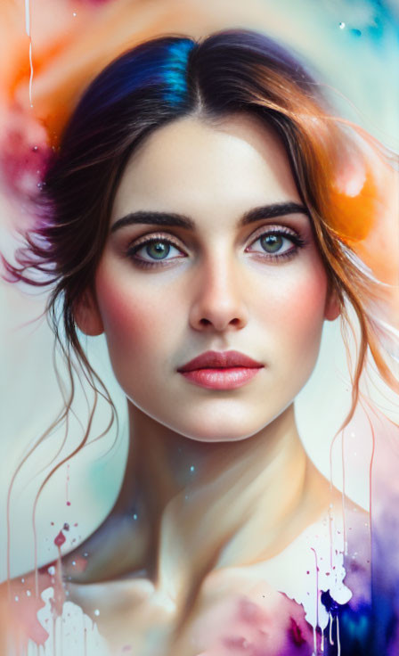 Woman's portrait with vibrant watercolor background and striking blue eyes