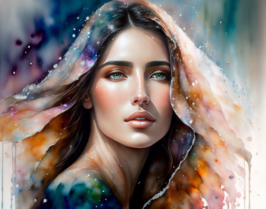 Vibrant digital portrait of a woman with galaxy-themed translucent wings