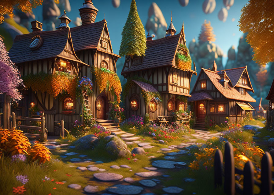 Whimsical storybook village with flower-adorned cottages and cobblestone path