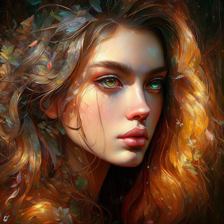 Woman with autumnal leaves in flowing hair and captivating green eyes.