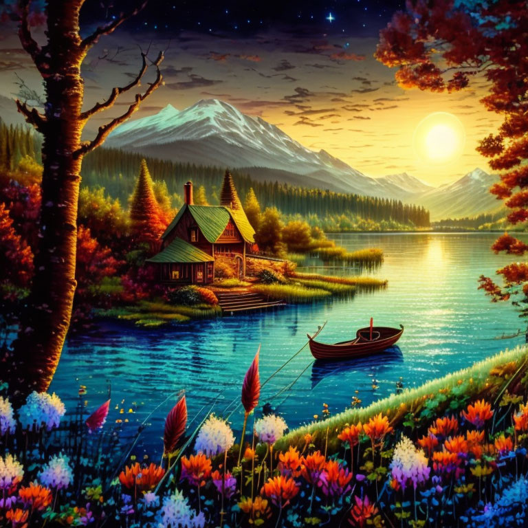 Scenic painting of lakeside cabin at sunset with boat, mountains, and colorful flora