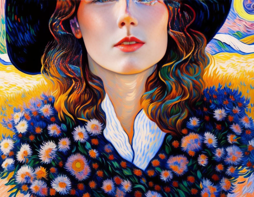 Colorful painting of woman with flowing hair, red lips, black hat, and vibrant floral landscape.