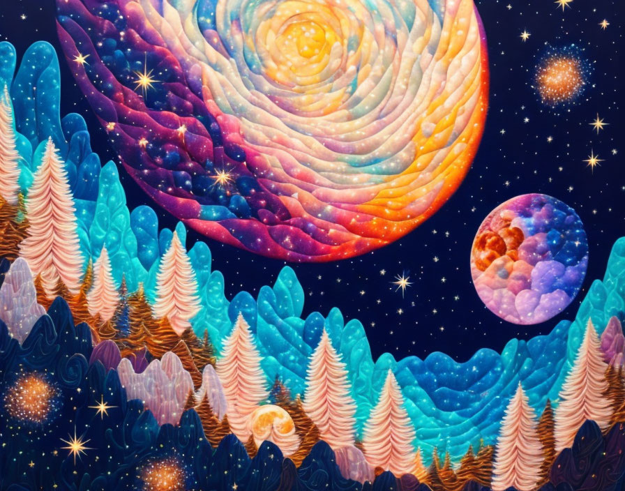 Colorful forest under starry sky with galaxy and planet: A whimsical artwork.