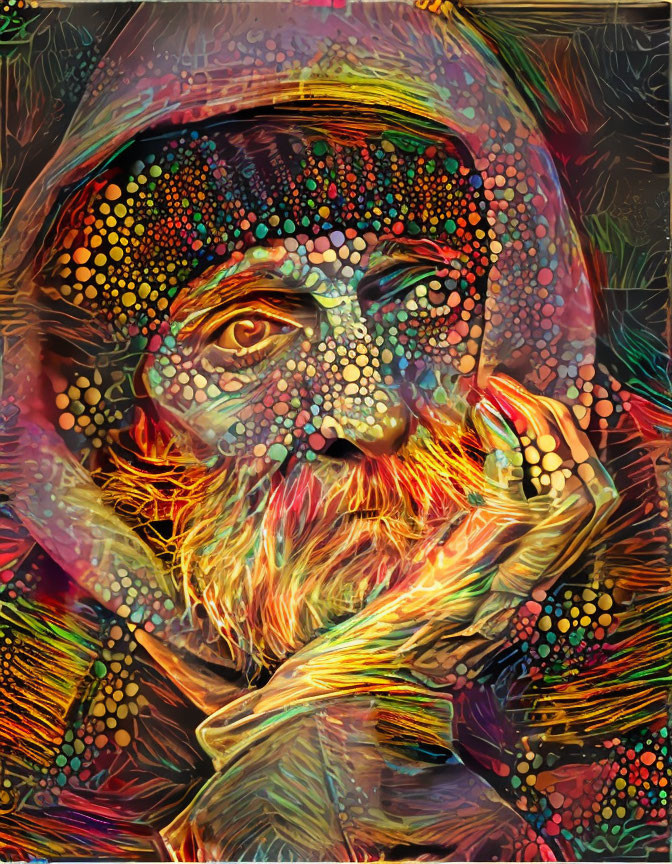 Vibrant abstract portrait of bearded man in hood with swirling patterns