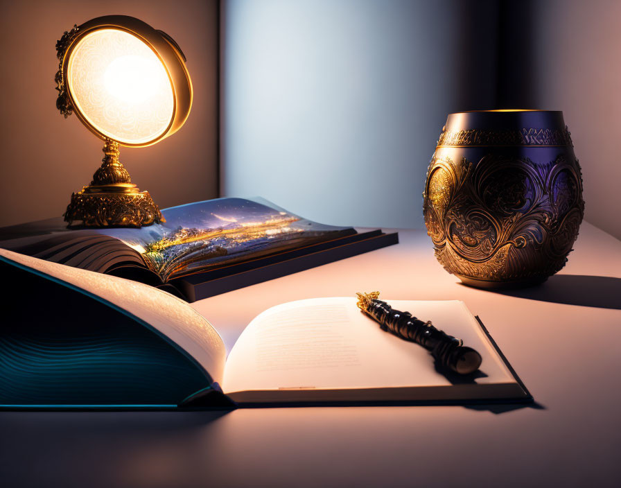 Open book with round table lamp and ornate vase on desk