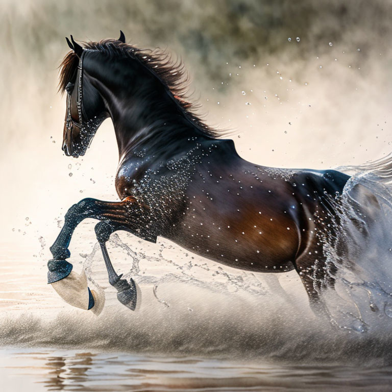 Dynamic motion blur background with powerful dark horse galloping through water