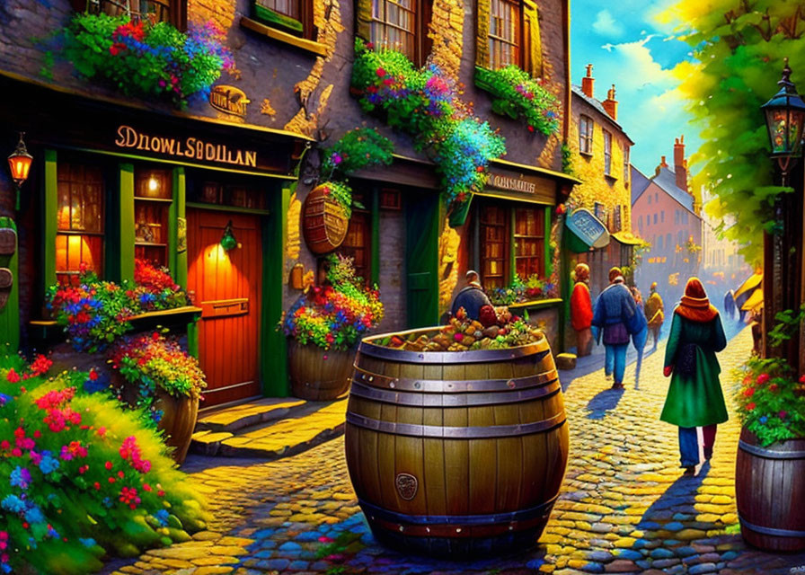 Colorful Street Scene with Flower-Adorned Shops