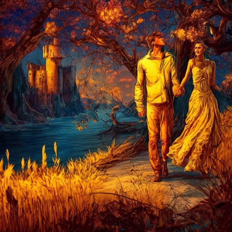 Couple holding hands in twilight landscape with castle and vibrant colors