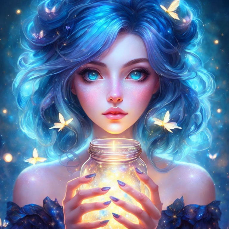 Digital artwork: Woman with blue wavy hair, glowing eyes, holding jar of lights, surrounded by