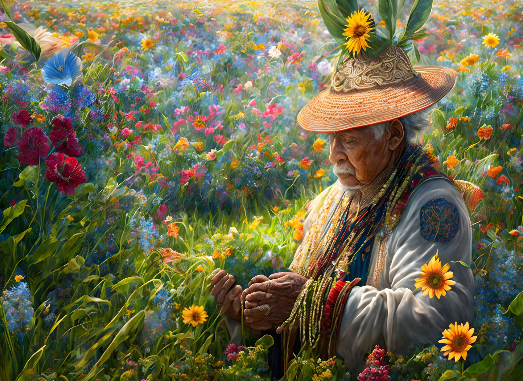 Elderly person in traditional attire among vibrant floral field with sunlight and butterflies