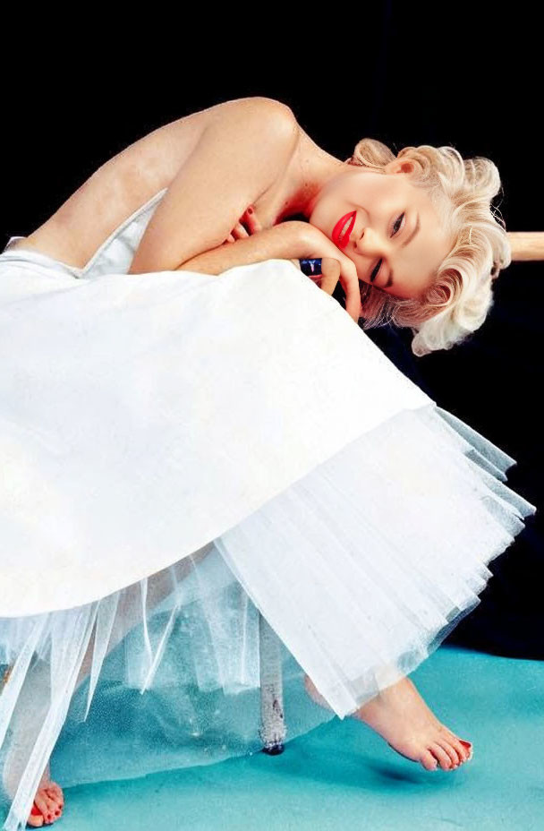 Vintage Glamour: Woman in White Dress with Playful Smile