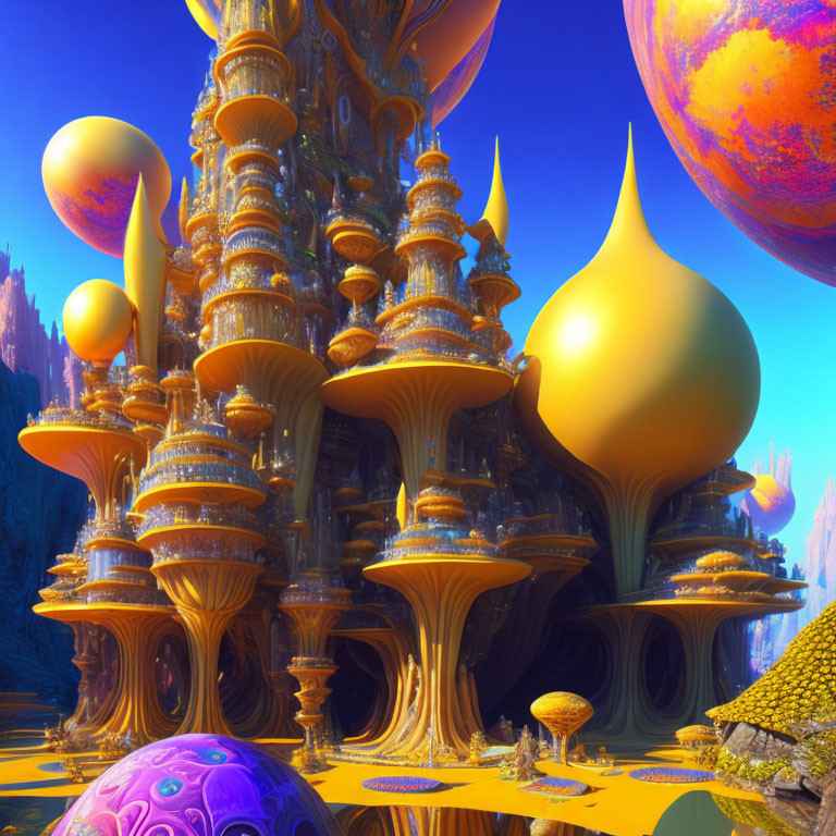 Vibrant alien cityscape with organic orange and yellow structures on red planet.