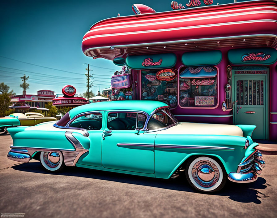 Turquoise classic car outside retro diner with pink and blue tones.