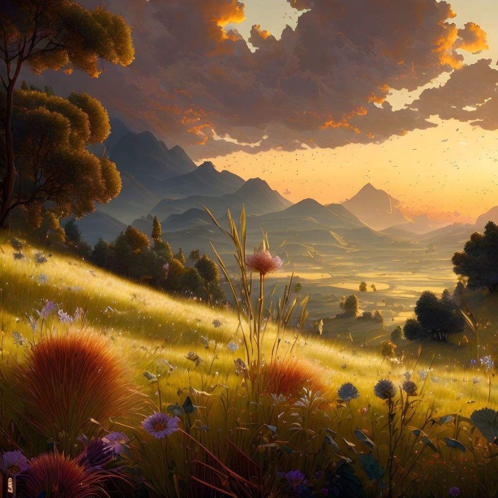 Tranquil sunset landscape with wildflowers, hills, and mountains