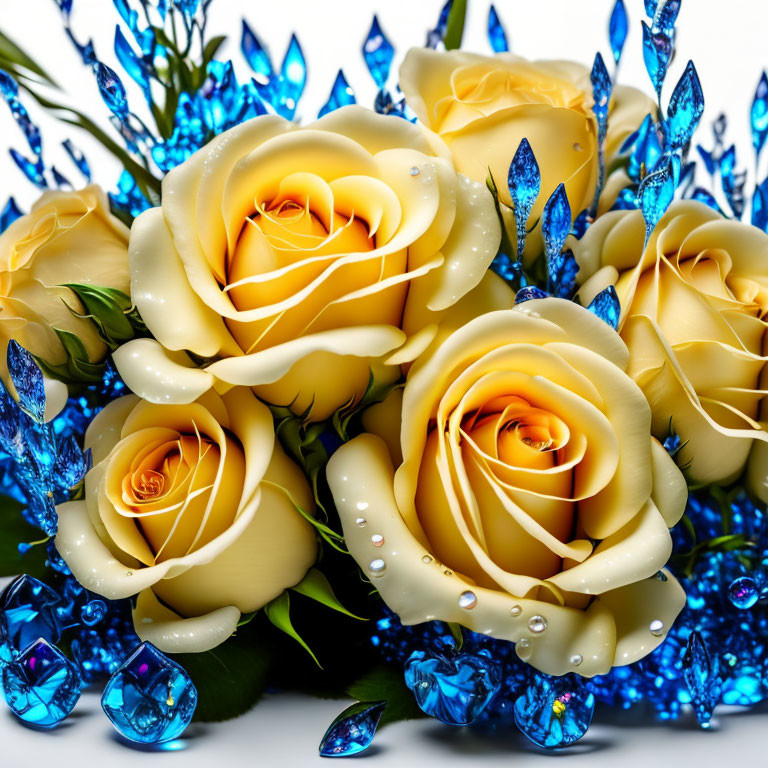 Creamy Yellow Roses with Blue Crystals on White Background