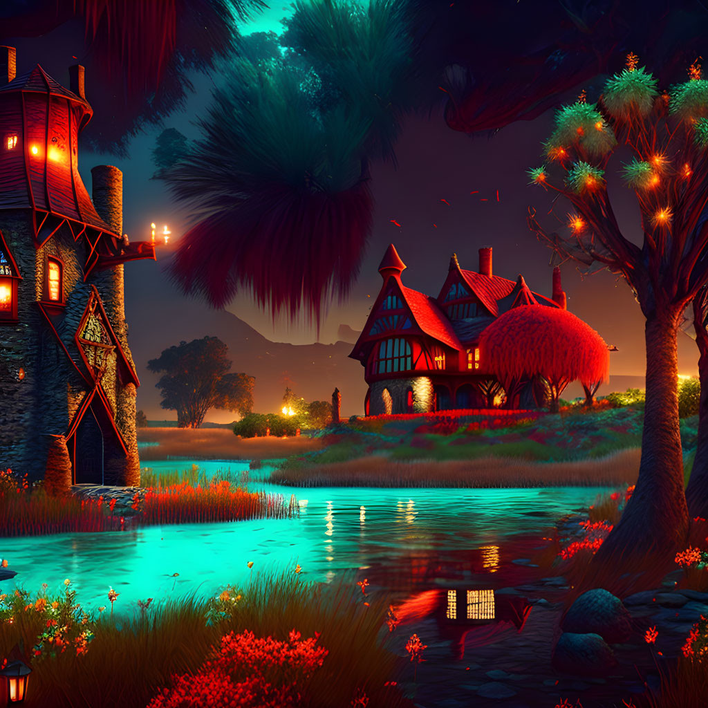 Colorful Twilight Fantasy Landscape with Whimsical Houses and Reflective Lake