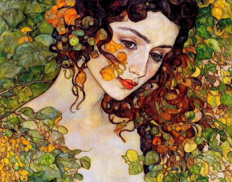 Vibrant Art Nouveau portrait with red hair and foliage swirls