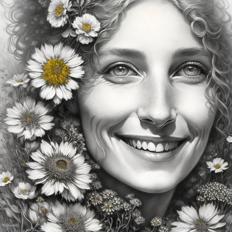 Smiling woman with curly hair in monochrome portrait with daisies