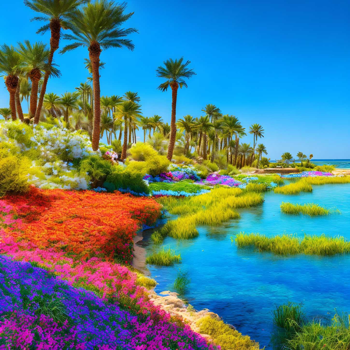 Colorful floral blooms by clear blue stream with sunny sky and lush palm trees