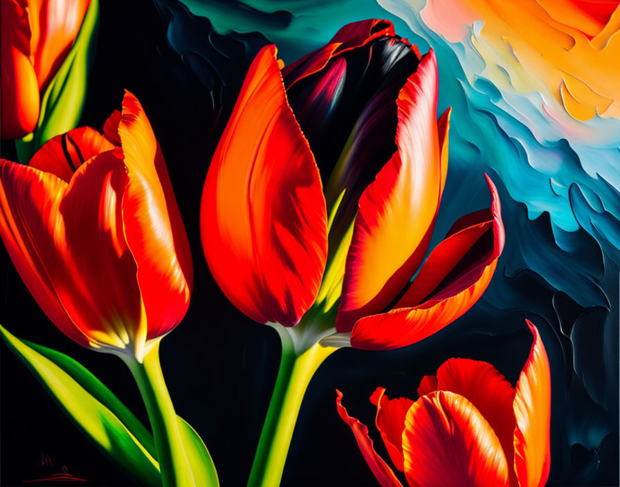 Colorful Tulips on Swirling Abstract Background