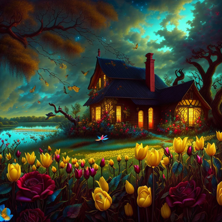 Charming cottage in vibrant garden under twilight sky