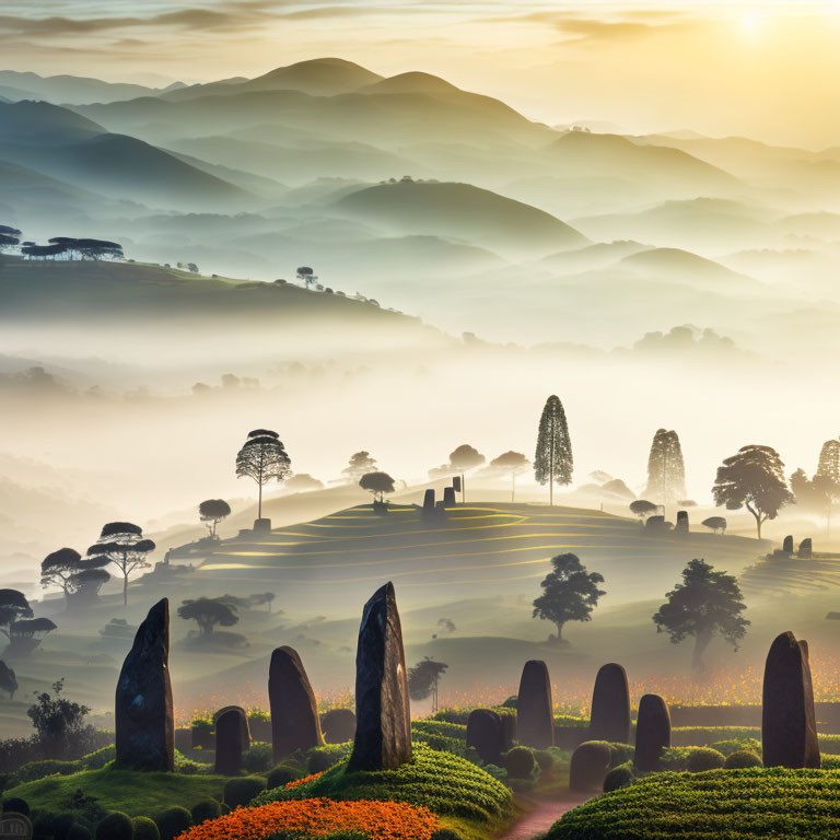 Misty sunrise over rolling landscape with trees and standing stones