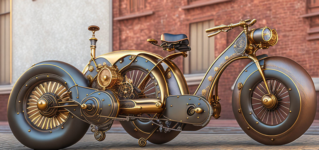 Steampunk-inspired motorcycle with brass details and gears on brick street