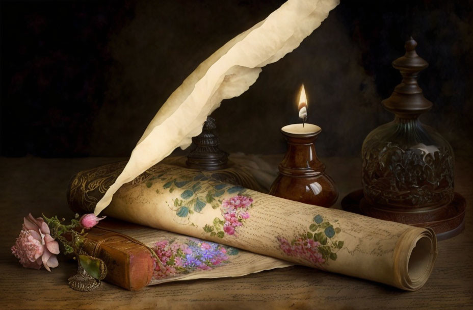 Vintage quill and scroll with candlelight, inkwells, and floral book - a romantic setting