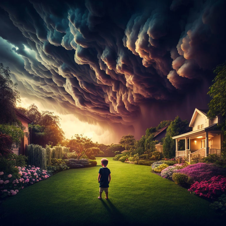 Child in lush garden under swirling storm cloud above suburban home at dusk