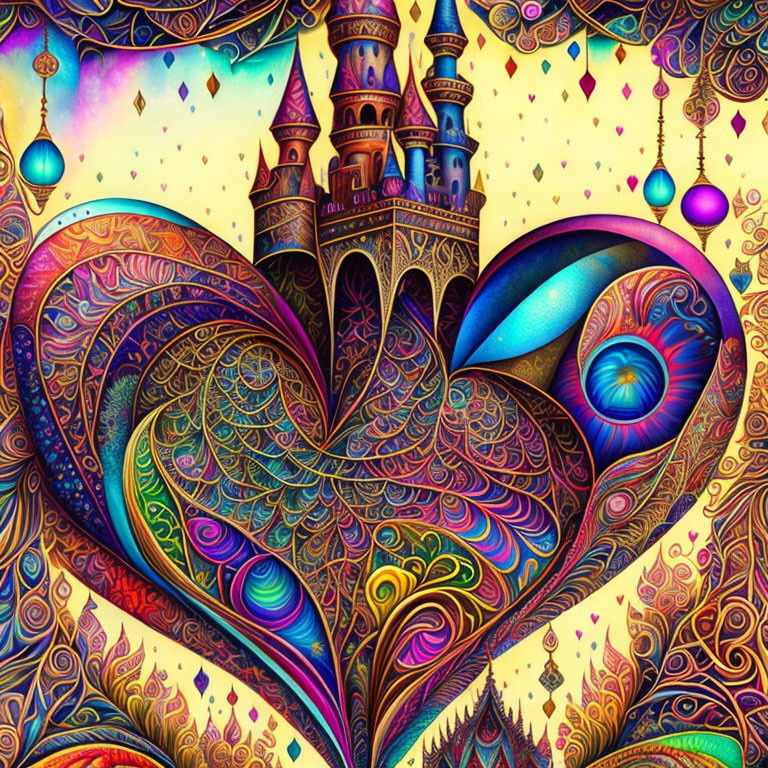 Colorful Psychedelic Castle Illustration with Ornate Heart and Starry Background