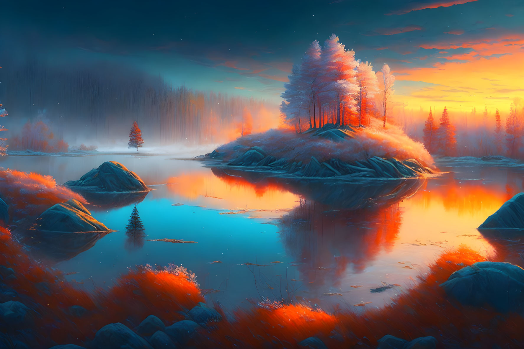 Serene lake at sunset with misty forests and autumnal island