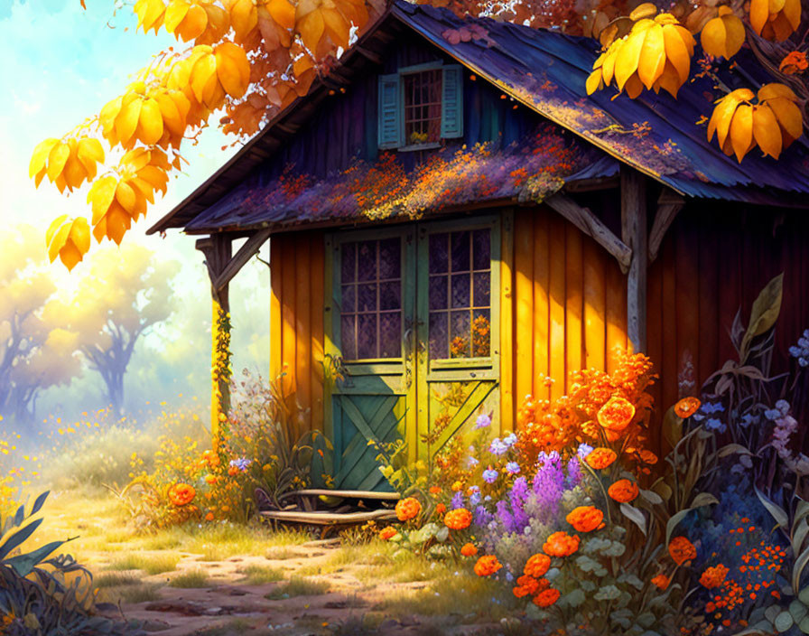 Charming wooden cottage with blue roof in lush garden and autumn foliage