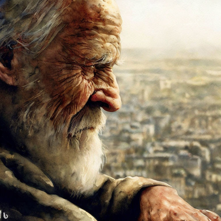 Elderly man with deep wrinkles and thoughtful expression overlooking blurred cityscape